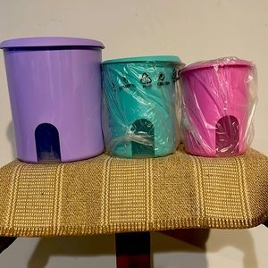 Tupperware 3 piece One Touch Reminder Canister Set. Teal Pink Lavender.